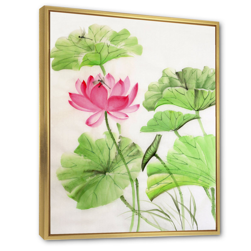 Lotus et libellule - reproduction sur toile, Toile encadrée d'or, H 32 po x l 16 po x P 1 po