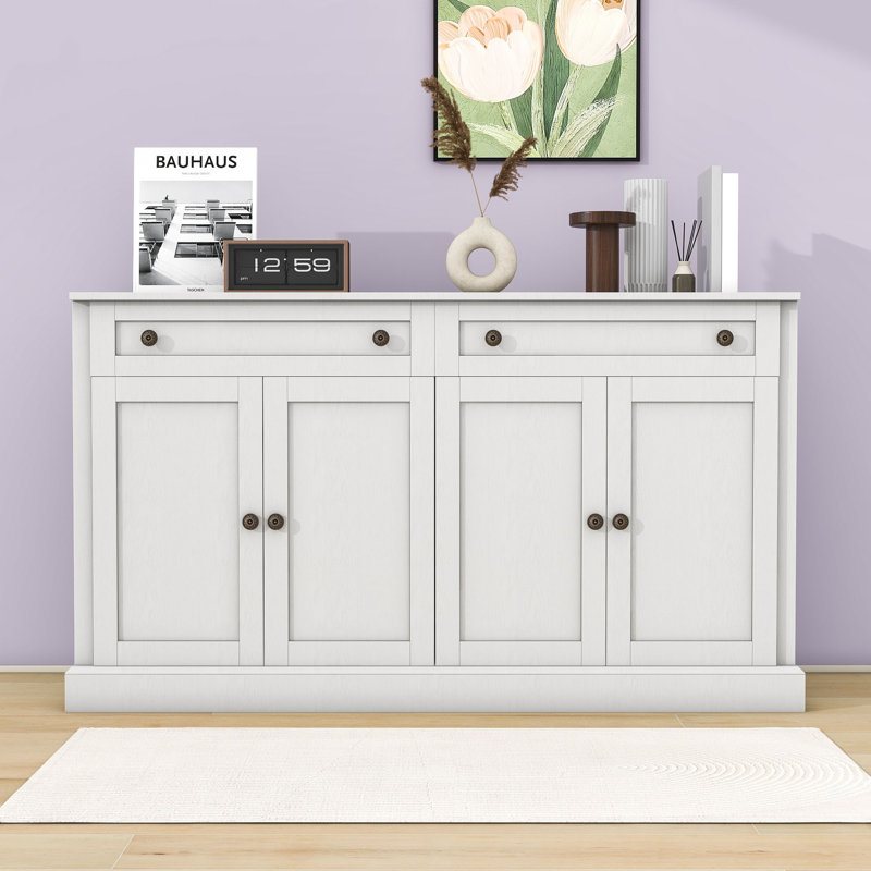 Buffet moderne avec tiroirs de rangement et tablettes réglables pour le salon Teron, Blanc antique