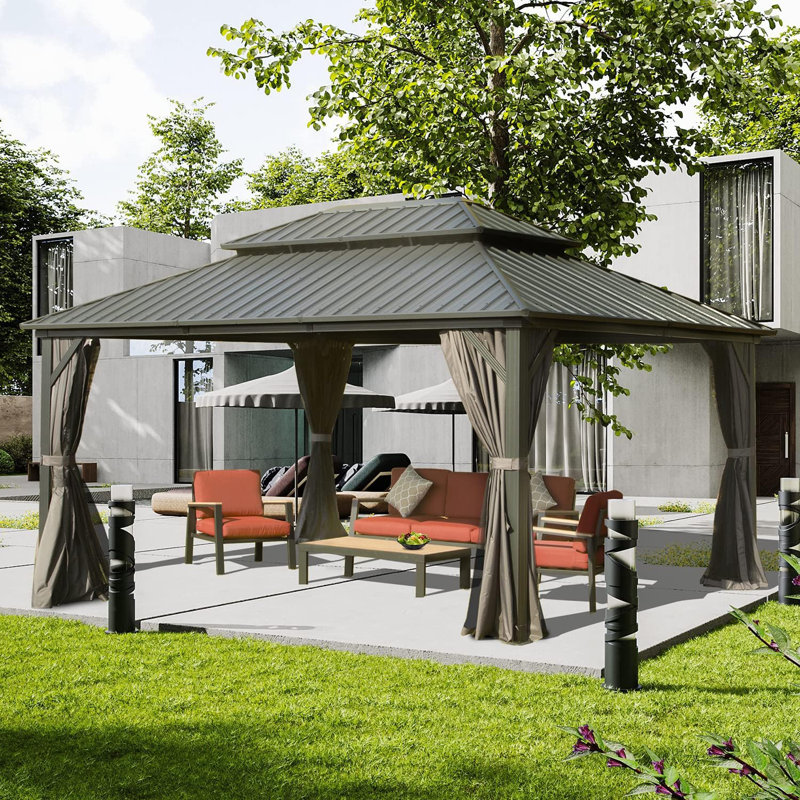 Galvanized Steel Patio Gazebo with Overhang Slope-design Double Roof, 14 ft x 12 ft, Gray