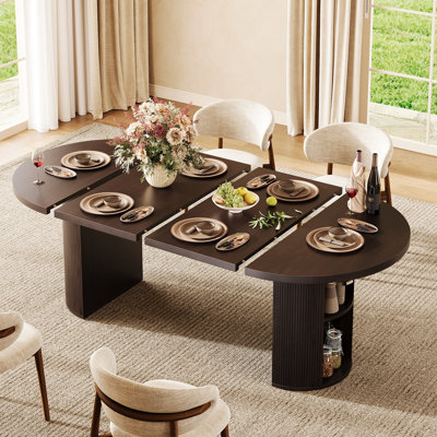 41"-78" Mid Century Extendable Oval Dining Table With Storage, 2 Leaves, Fluted Base, Seats 2-8