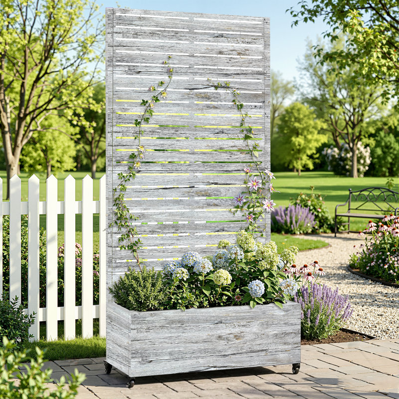 Planter Wall Metal Garden Bed Trellis, Elevated Planter Pot with Drainage & Lockable Wheels, Ideal for Climbing Plants, Vegetables, and Roses – Louver Pattern for Garden Enthusiasts