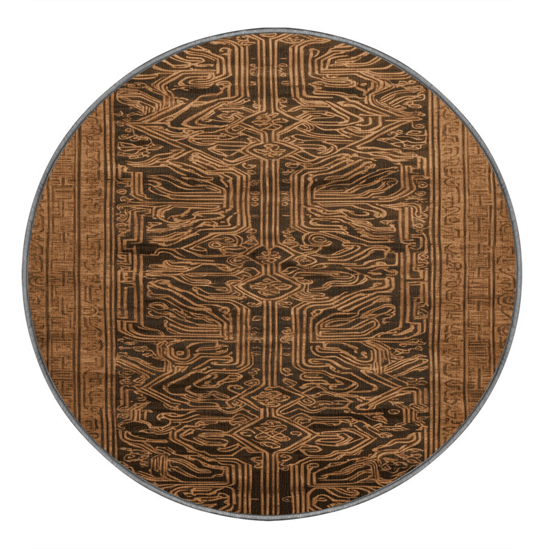 Tapis art déco brun lavable à la machine, Rond 7 pi