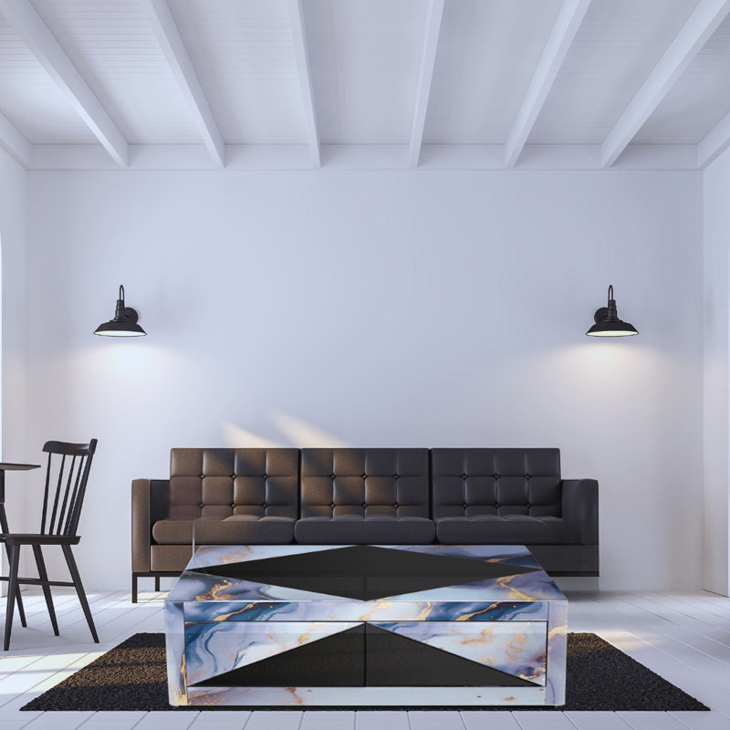 Coffee Table 48" Mirrored In Black With Marble Print Glass And 7 Color Rgb Color Changing With Remote