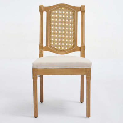 Full Solid Wood Rattan-Back Dining Chair, Matte Linen Cushion With High-Resilience Foam & S-Springs, Perfect For Rustic/Natural Style Dining Room, Café With Classic & Durable Design