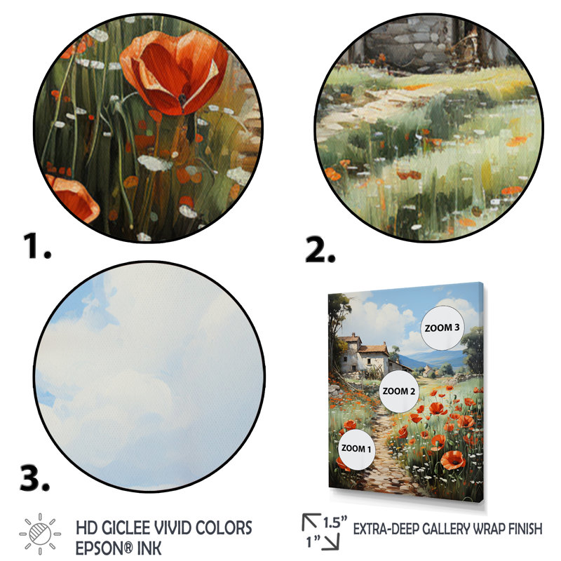 Poppy Field In Farm - Floral & Botanical Wall Art Living Room, H 20 po x l 12 po x P 1 po, Cadre photo noir
