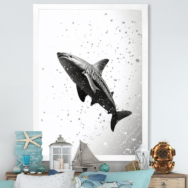 Danse du requin gris II sur toile, Cadre simple blanc, H 40 po x l 30 po x P 1,5 po
