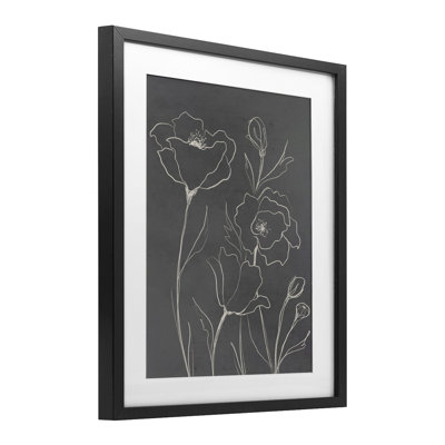 Grey Poppies Outline Framed Print Under Glass, design by Elizabeth Medley
