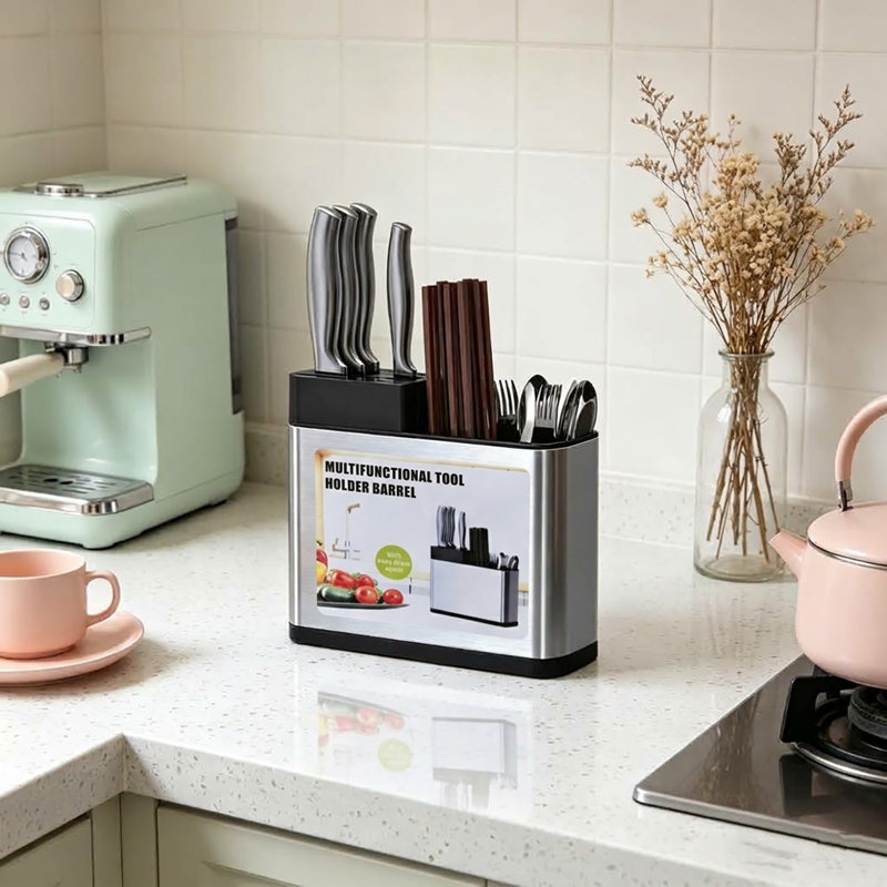 Kitchen Knife Block and Utensil Holder,Countertop Cutlery Storage Organizer Rack,Multi-Slot Kitchen Storage Box for Knives,Chopsticks,Spoons and Silverware