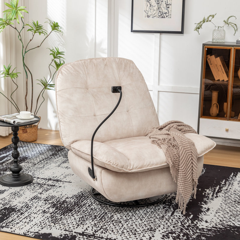 360° Swivel Velvet Recliner Chair Oversized With Mobile Phone Holder, Beige Velvet