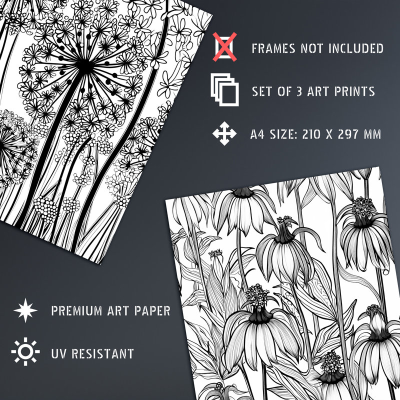 Elegant Fritillaria Allium Black White Flowers Wildflower - 3 Piece No Frame Print Set, 29.7cm H x 21cm W x 0.4cm D