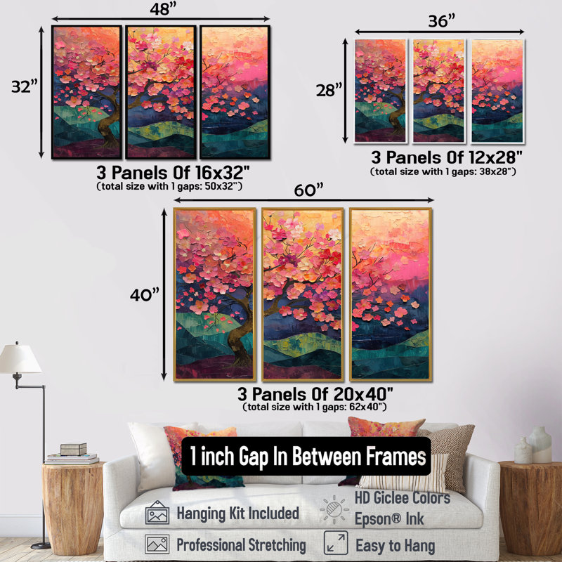 Vibrant Cherry Blossom Tree II - Ensemble de décoration murale cerisier en fleurs, Toile argentée avec cadre flottant