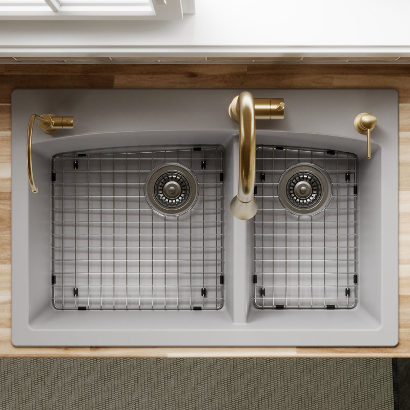 Ensemble d'évier de cuisine à double cuve à montage sur le dessus 60/40 Karran Quartz 33 "X 22", Gris