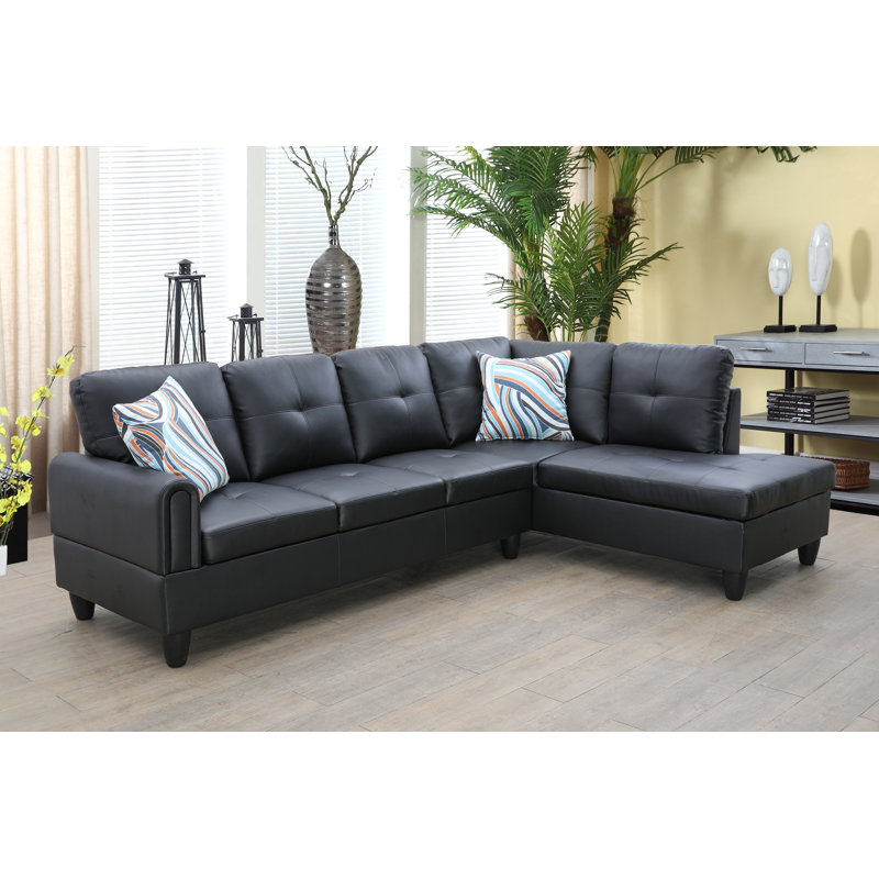 Renford 97" Wide Faux Leather Sofa & Chaise, Right Hand Facing, Black Faux Leather