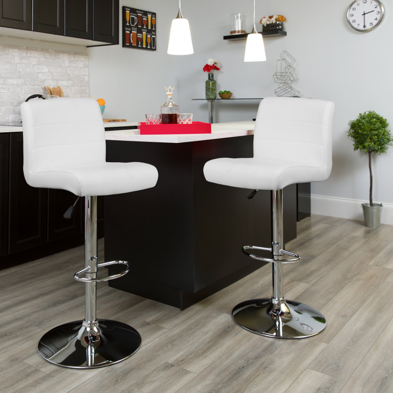 Nusbaum Vinyl Adjustable Height Barstool with Rolled Seat and Chrome Base, White