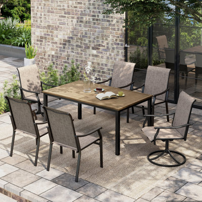 6-Seat Rectangle Outdoor Patio Dining Set Wood-Like Metal Table With Swivel Chairs
