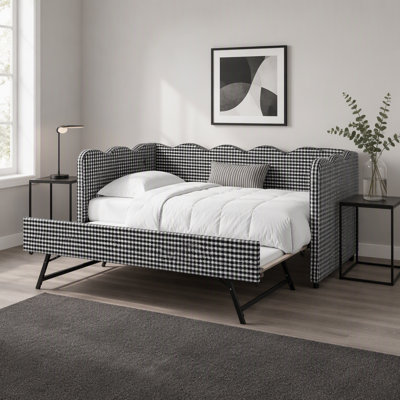 Cozy Gingham Daybed with Trundle Twin Size Sofa Bed No Box Spring Needed, with USB Port and Adorable Wave Shaped, Linen Fabric, Navy