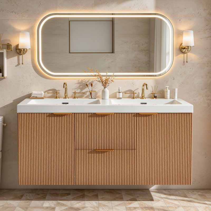 59.3 Inch Double Sink Bathroom Vanity with SMC Resin Top and Painted MDF Cabinet, Wall-Mounted Modern Storage Vanity with Soft Close Doors and Divided Drawers