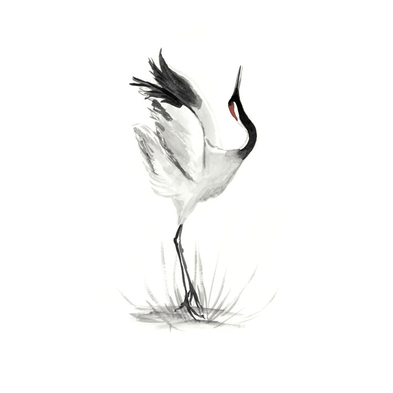 «Japanese Cranes I», peinture sur toile, H 12 po x l 8 po