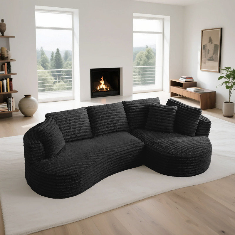 Canapé modulaire moderne surdimensionné incurvé en L, Orienté à droite, Velours côtelé noir