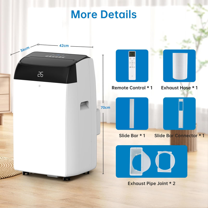 12000 BTU 4-in-1 Portable AC/Heater – Cools, Heats, Dehumidifies, Fans. Quiet, digital display, 24H timer, energy efficient. For rooms up to 550 sq.ft. Easy-roll wheels. White.