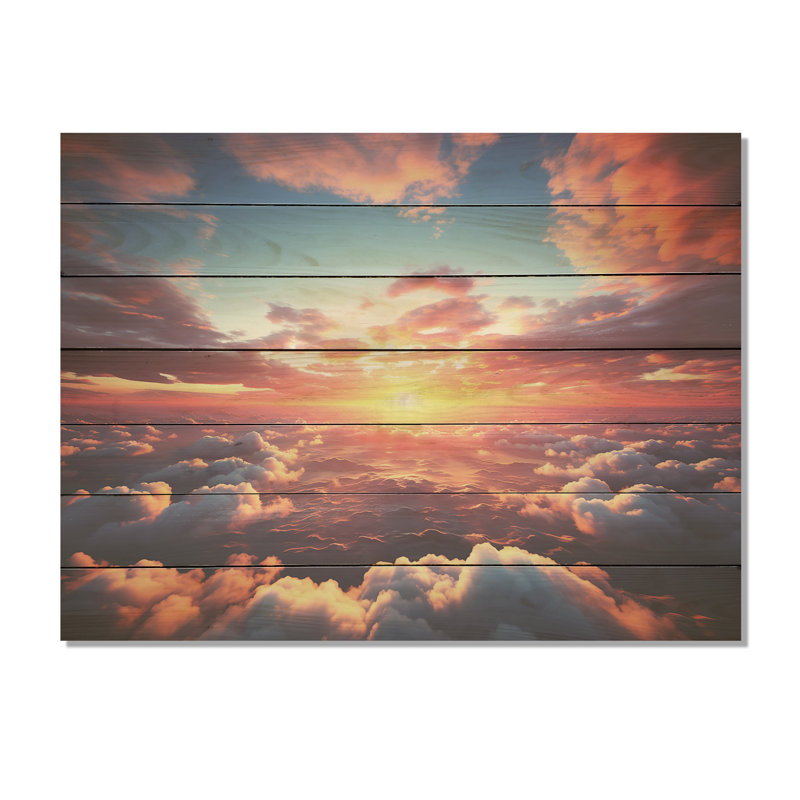 Coucher de soleil jaune et rose dans le ciel II - impression de ciel sur bois, H 10 po x l 20 po