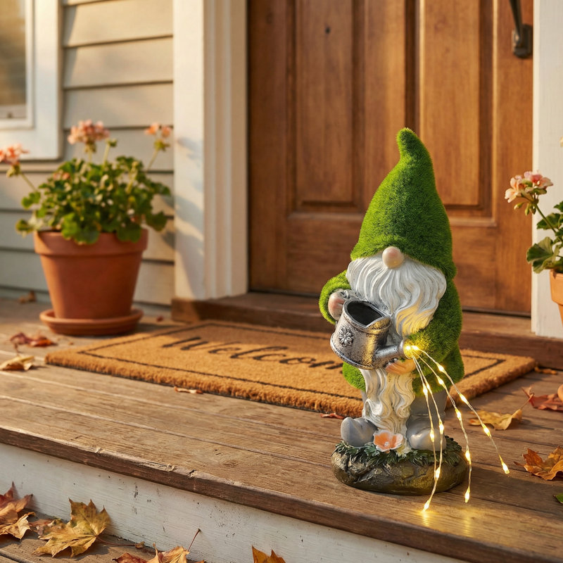 Solar Flocked Garden Gnome Statue with Watering Can String Lights, Outdoor Yard Art Decor