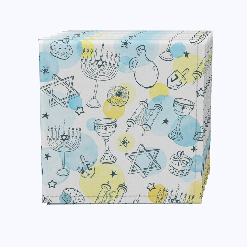Polyester Geometric Square Napkin, Watercolor Hanukkah and Dots