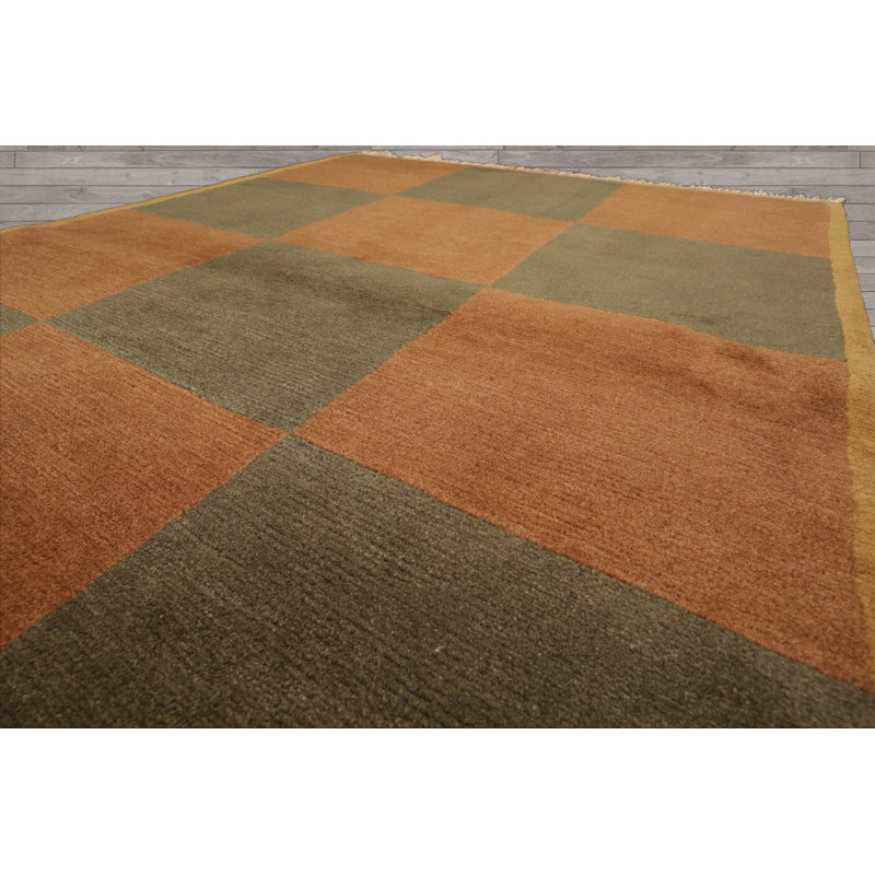 Tapis brun / vert en laine noué à la main 4 pi 1 po x 6 pi Sushama Patchwork