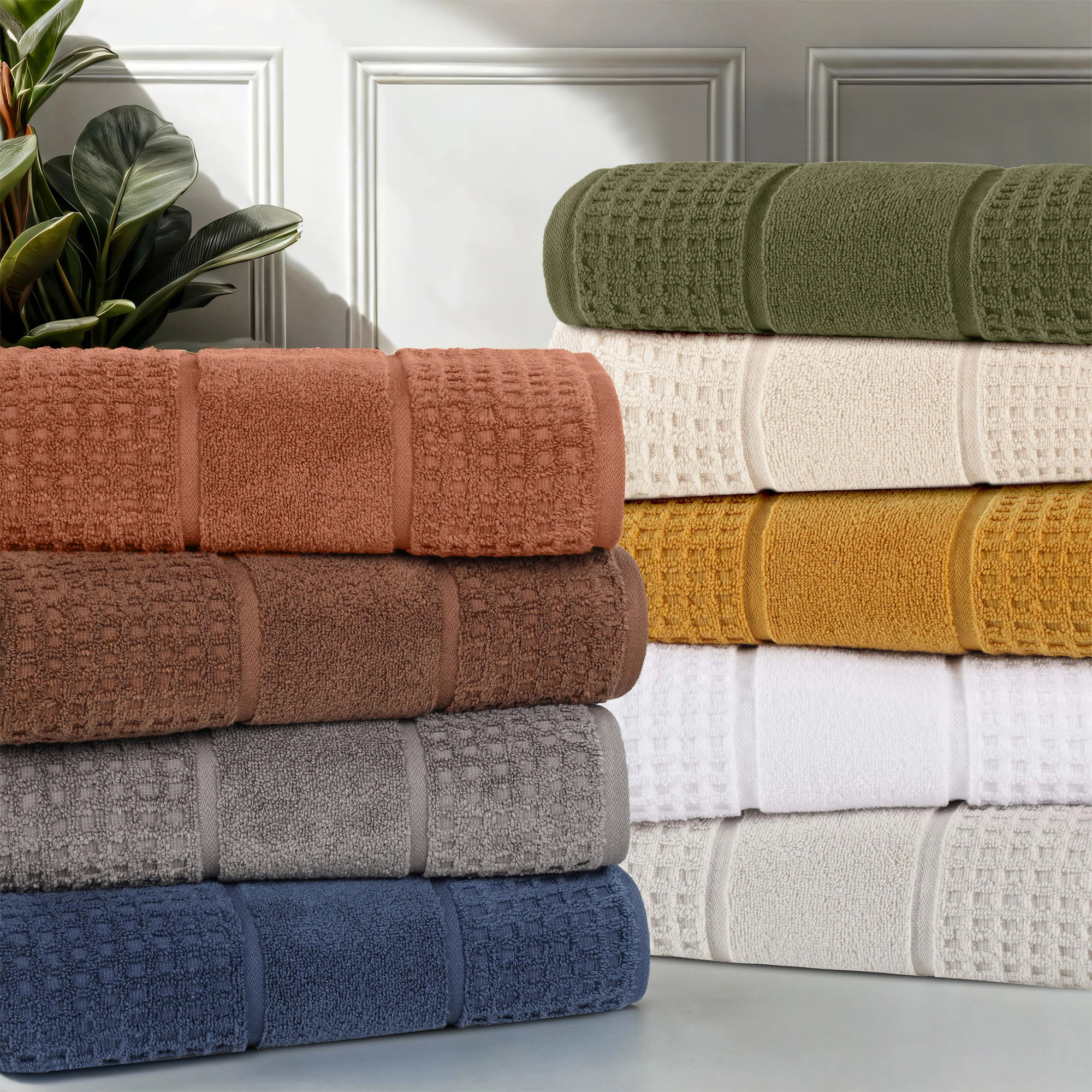Camillah Zero Twist Cotton Solid Waffle Honeycomb Plush Soft Absorbent Medium Weight Hand Towel, Rust