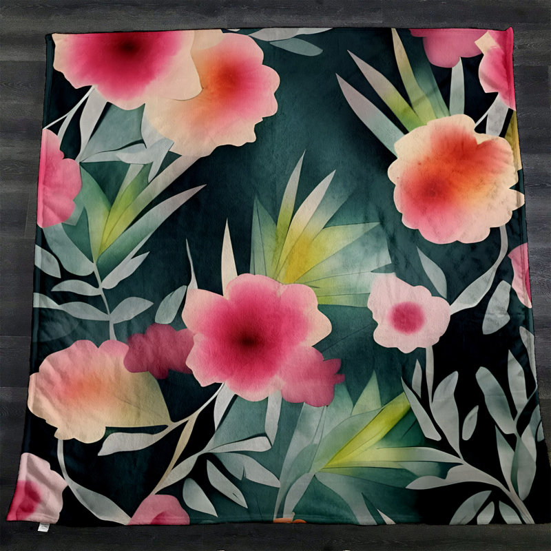 Throw Blanket, 68" W x 80" L, Floral/Abstract, Pink/Green/Orange/Black