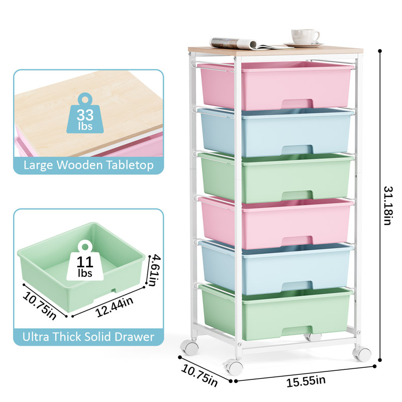 Rolling Storage Drawers with Wheels ,Utility Cart with 6 Large Drawers and Wooden Tabletop, Blue/Pink/White