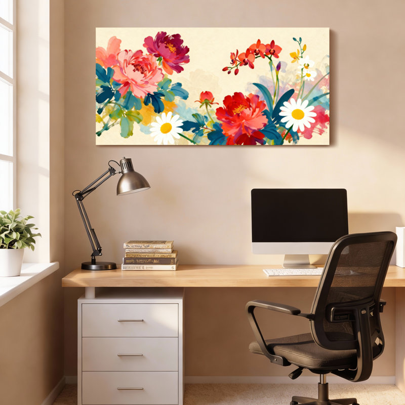 Ensemble de 1 tableau floral aquarelle sur toile tendue, H 12 po x l 36 po