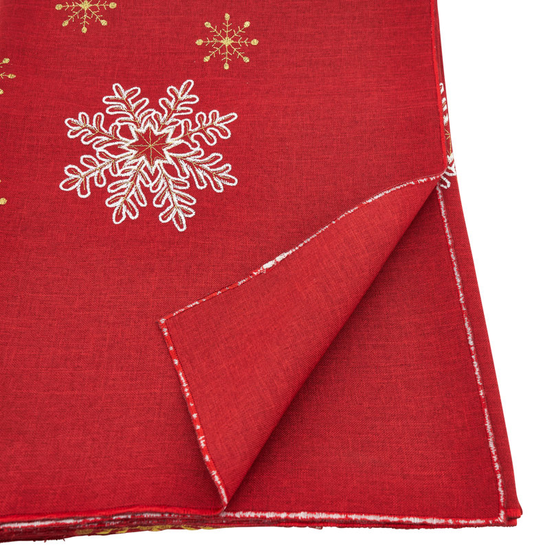 Red Embroidered Snowflake Polyester Holiday Tablecloth 70 x 140 Inch