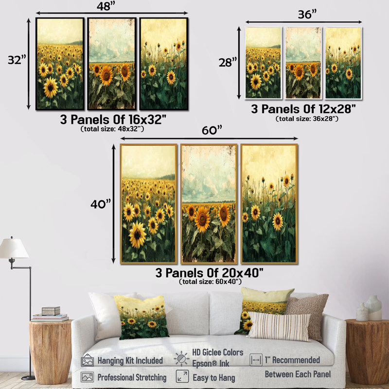 Été tournesol pré dans la prairie I - Collection d'art mural traditionnel, Impression encadrée flottante, H 40 po x l 60 po