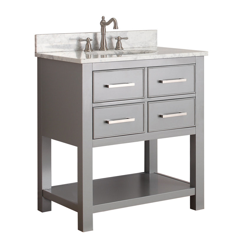 Ensemble de meuble-lavabo simple 31 po Brooks, Forme rectangulaire, Marbre blanc de Carrare, Gris givré