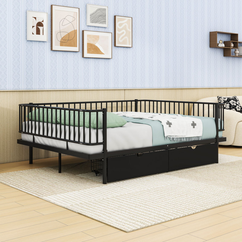 Modern Metal Platform Bed with Built-In Storage Drawers and Guardrails, Black, Full