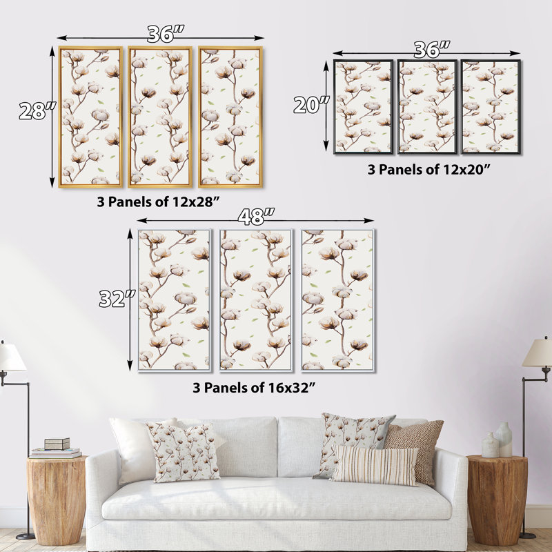 Brindilles de coton blanc rétro I - reproduction de cadre flottant 3 pièces sur toile, H 32 po x l 48 po x P 1 po