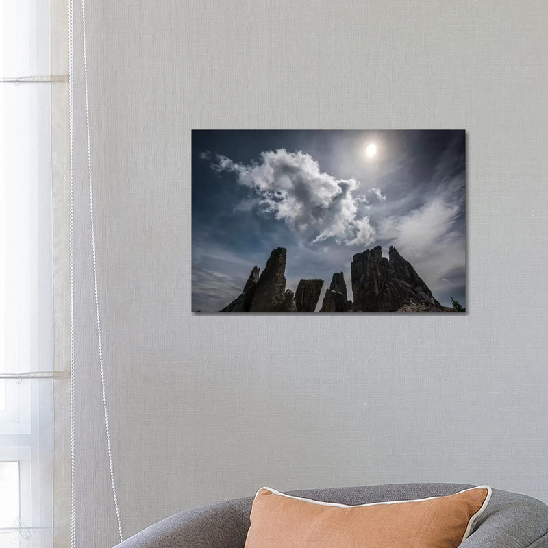 Italy, Dolomites, Cinque Torri. Mountain Peaks And Sun. by Jaynes Gallery - Wrapped Canvas Print