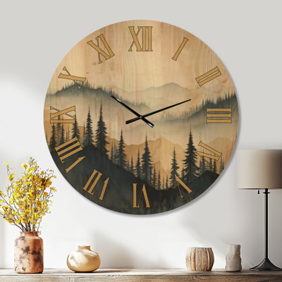 Golden Mist Pine Forest VII - Horloge murale scandinave surdimensionnée, imprimée sur bois