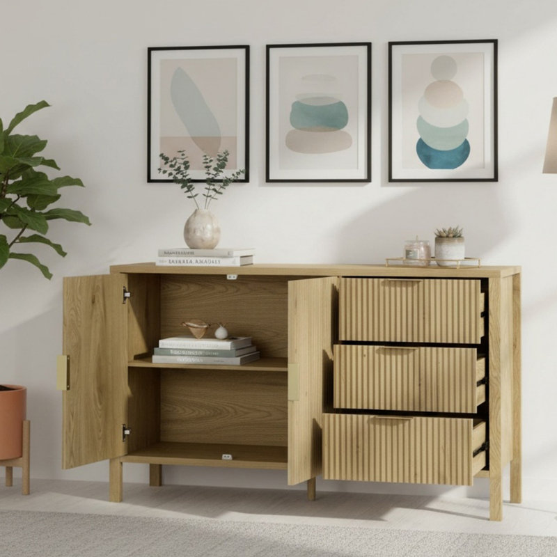 Buffet moderne à vagues de 55,11 po avec 3 tiroirs, grande armoire de rangement avec crochets et pieds centraux supplémentaires, convient au salon, au vestibule