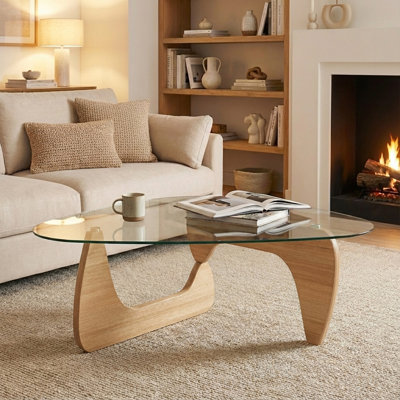16.5'' H Modern Triangle Glass Coffee Table with Solid Wood Base