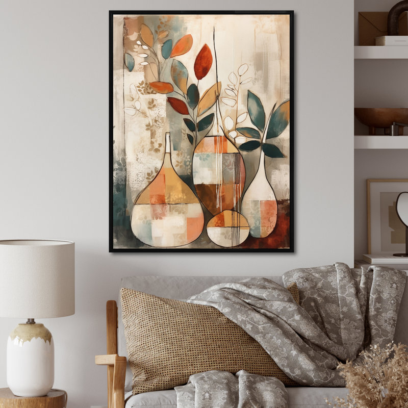 Ruhani vert et beige canalisant les vibrations bohémiennes sur toile, H 44 po x l 34 po, Cadre flottant noir