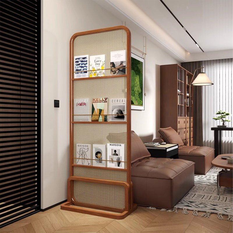 Cloison 1 pièce en bois massif brun et rotin, H 70,87 po x l 31,5 po x P 13,78 po, Brun