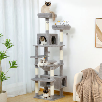 Arbre à chat de 72,4 po, condos à griffer et poteaux à griffer inclus, avec plateforme et panier