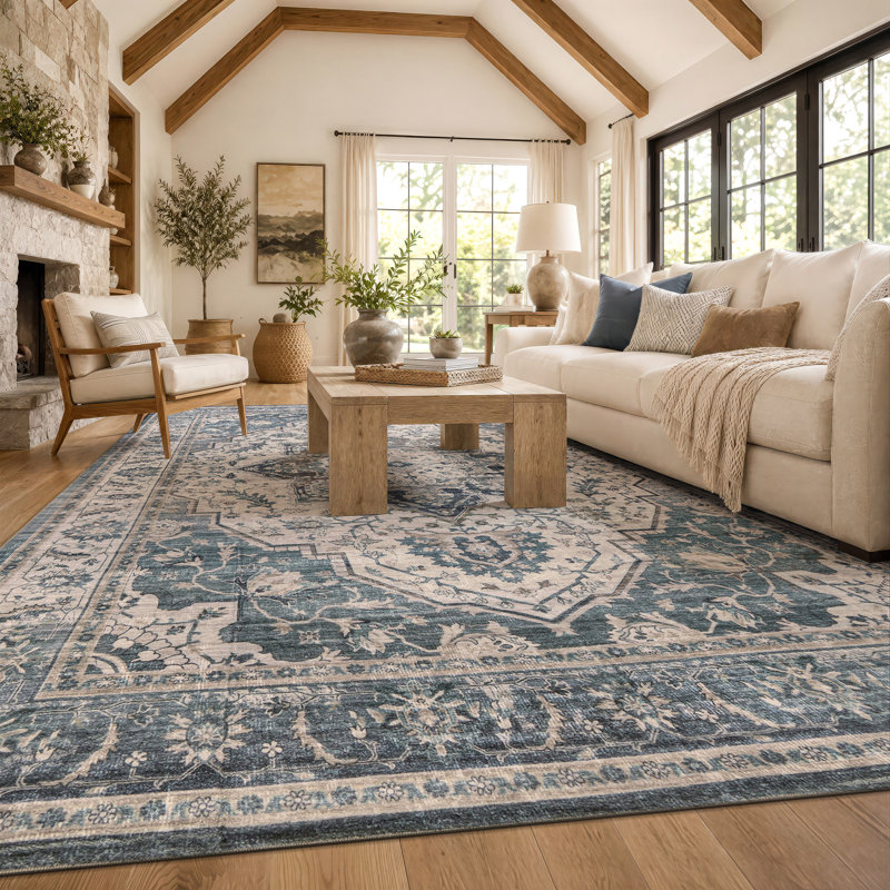 Tapis bleu marine antidérapant rétro, 9 pi x 12 pi
