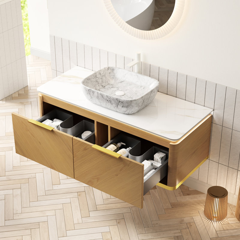 48" Bathroom Vanity: Pre - Assembled Floating Cabinet With Drawers, Soft Close Drawer Slides, Sensor , Ceramic Sink And Sintered Stone Top, Dark Vanity Storage Cabinet, Gold Handles, Auto Sensing Led