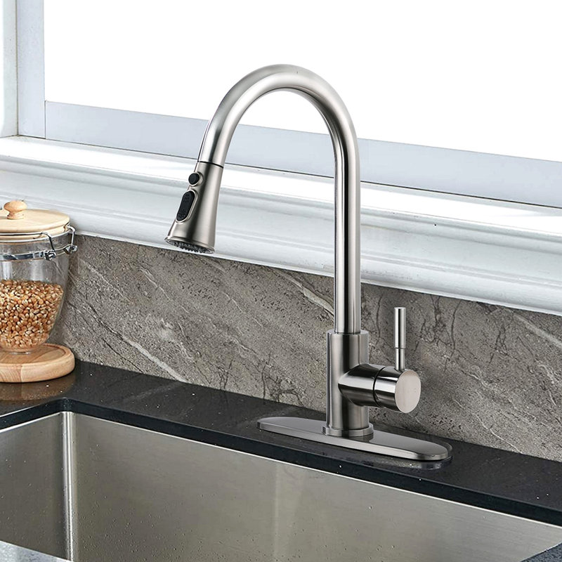 Robinet de cuisine rétractable avec pulvérisateur en acier inoxydable, Nickel brossé