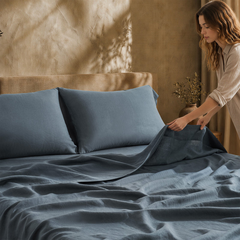 Ensemble de draps EverGrace 100 % lin européen, California King, Midnight Blue
