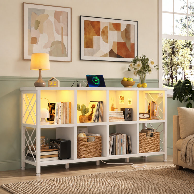 8-cube Bookcase With Led Lights & Charging Ports, Sturdy Storage Organizer For Home Office/living Room/bedroom ,57.09"W × 13.78"D × 29.92"H