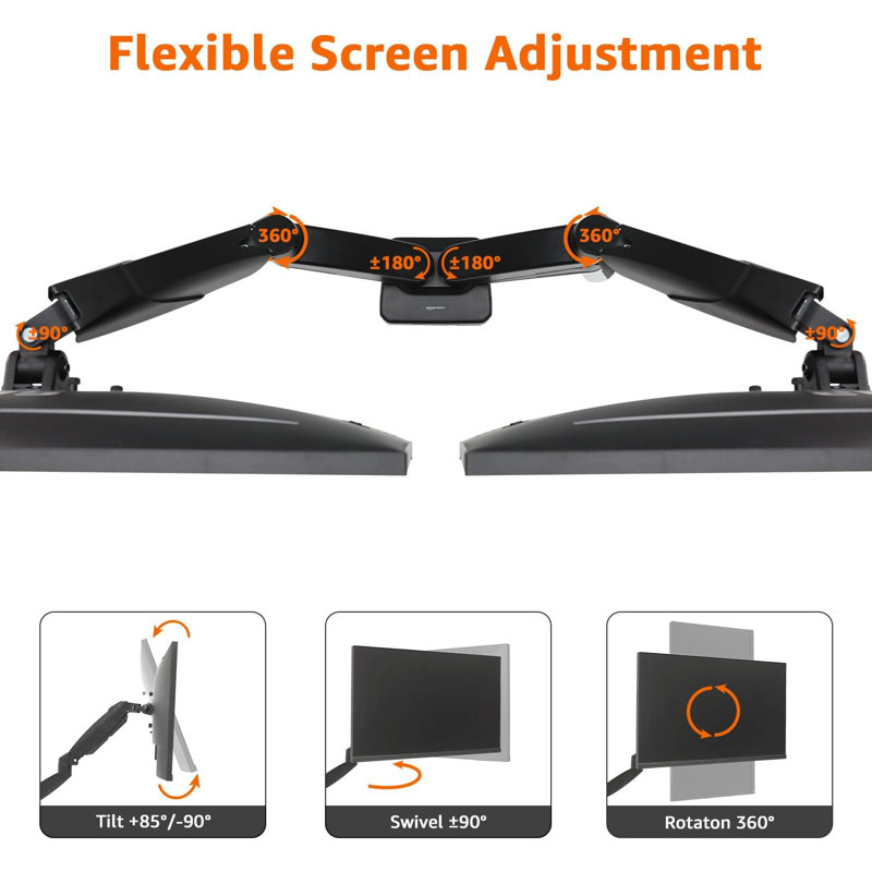 Basics Gas Spring Dual Computer Monitor Arm Mount, Adjustable, Holds Up To 27" Monitors, Black